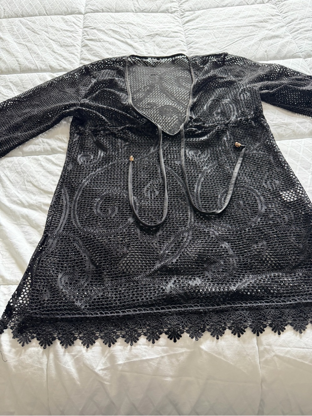Black Crochet Lace Tunic and pants set with Floral Hem for bathing suit cover up